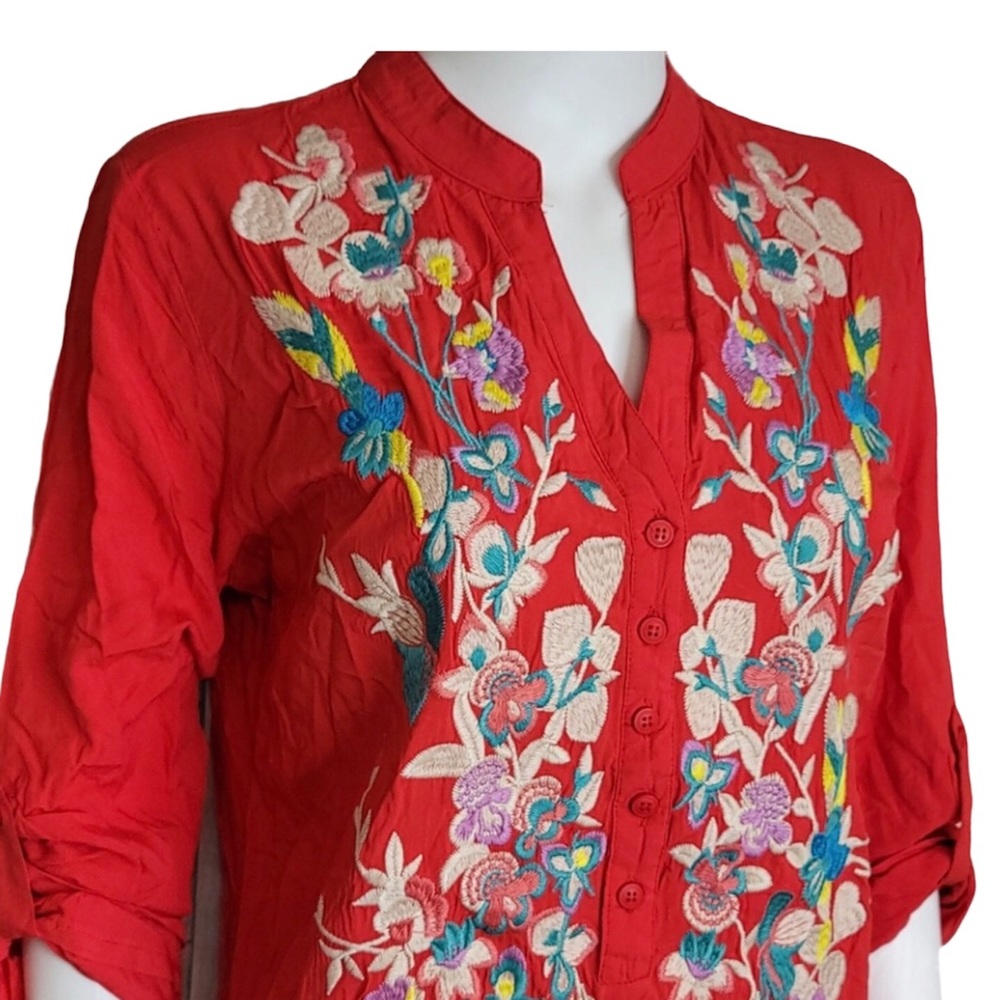 Vibrant Red Floral Embroidered Swim Coverup - Picture 5 of 7